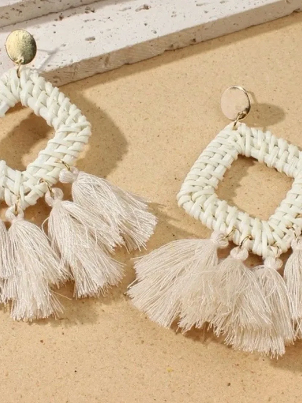 Boho Tassel Square Drop Earrings - Cream